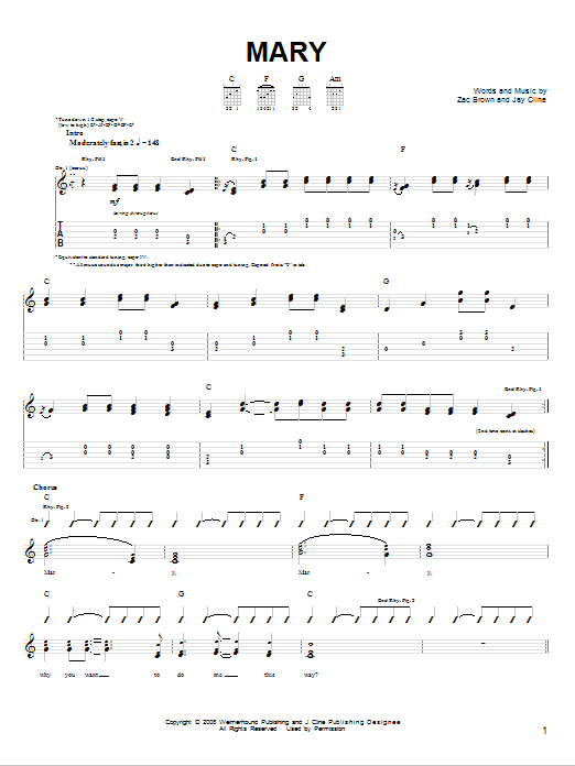 Download Zac Brown Band Mary Sheet Music and learn how to play Piano, Vocal & Guitar (Right-Hand Melody) PDF digital score in minutes
