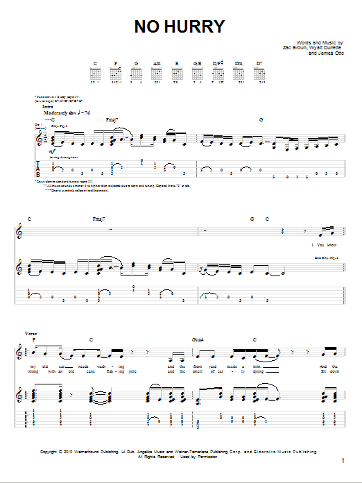 Download Zac Brown Band No Hurry Sheet Music and learn how to play Lyrics & Chords PDF digital score in minutes