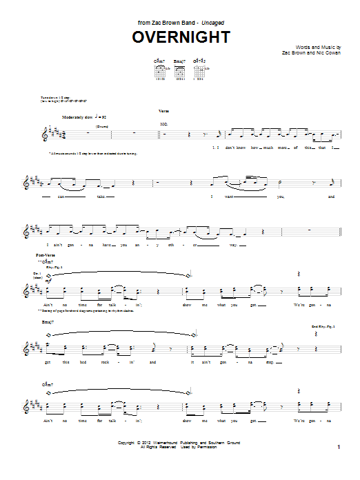 Download Zac Brown Band Overnight Sheet Music and learn how to play Guitar Tab PDF digital score in minutes