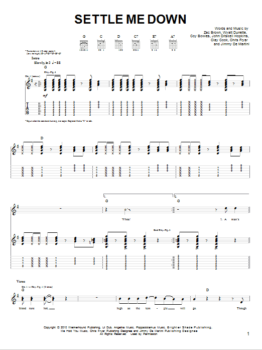Download Zac Brown Band Settle Me Down Sheet Music and learn how to play Easy Guitar PDF digital score in minutes