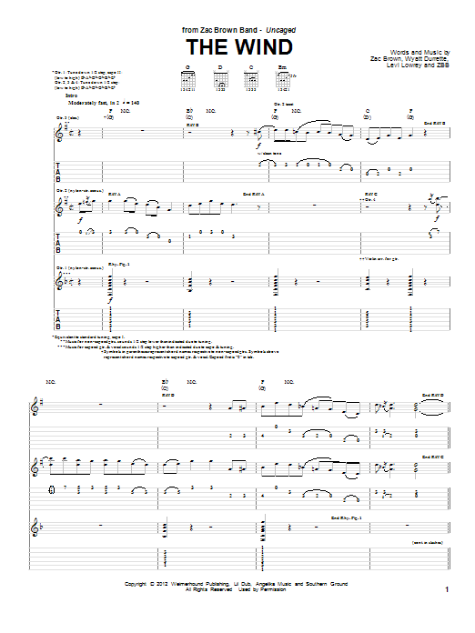 Download Zac Brown Band The Wind Sheet Music and learn how to play Guitar Tab PDF digital score in minutes