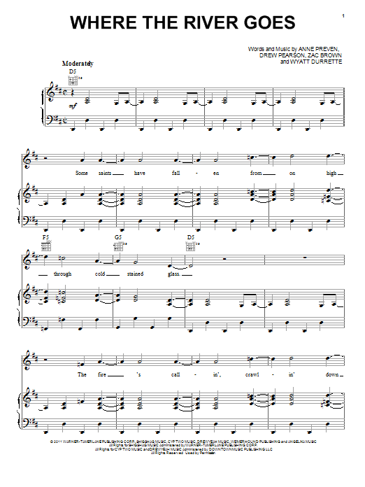 Download Zac Brown Where The River Goes Sheet Music and learn how to play Piano, Vocal & Guitar (Right-Hand Melody) PDF digital score in minutes