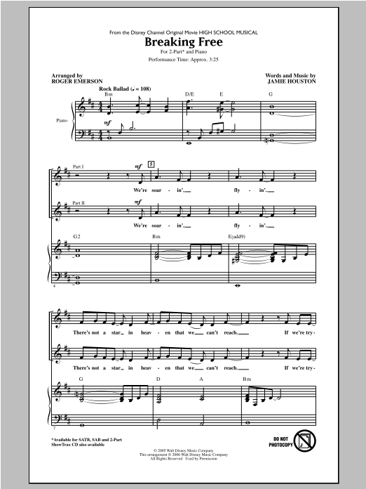 Download Vanessa Hudgens and Zac Efron Breaking Free (from High School Musical) (arr. Roger Emerson) Sheet Music and learn how to play 2-Part Choir PDF digital score in minutes
