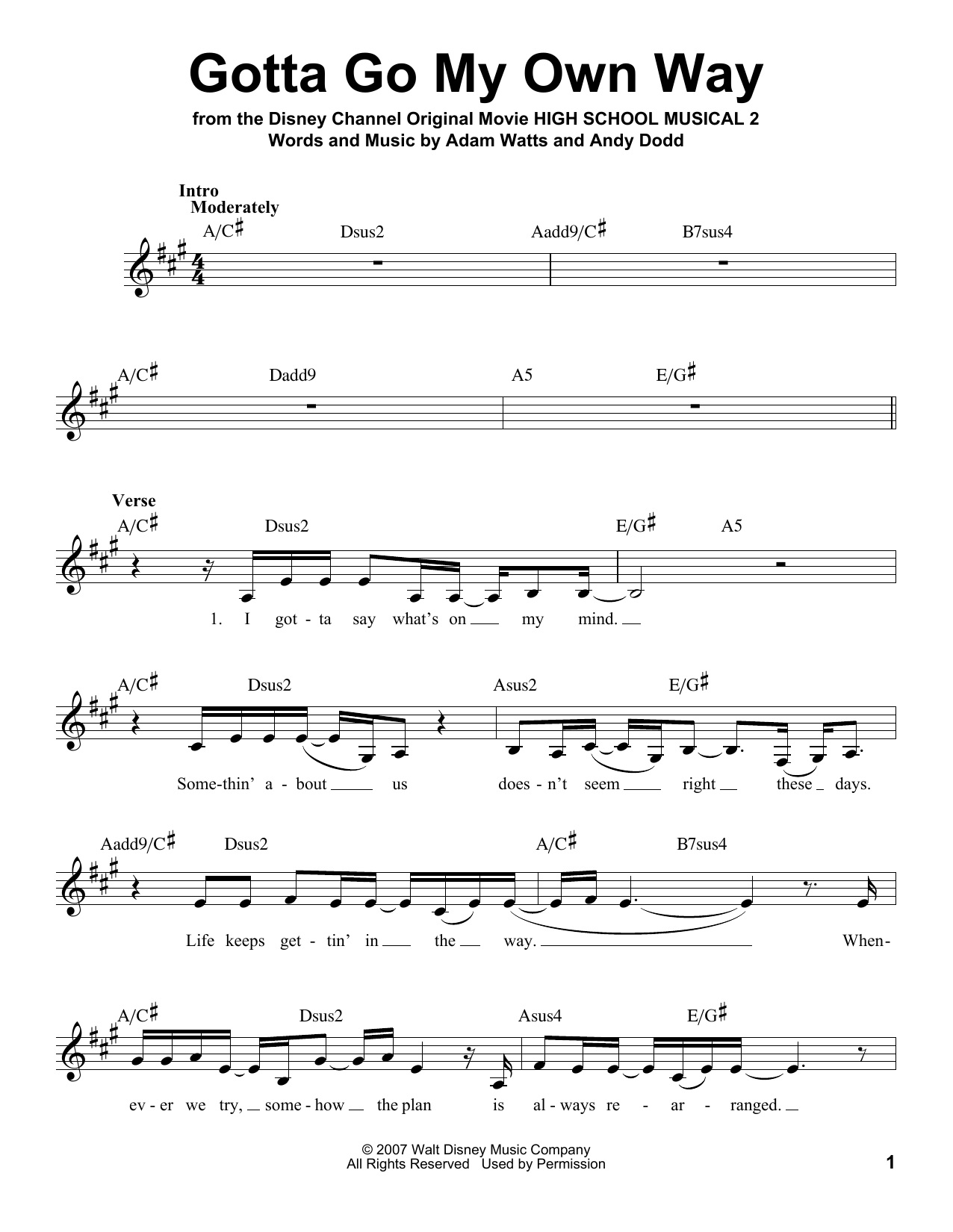 Download Zac Efron and Vanessa Anne Hudgens Gotta Go My Own Way Sheet Music and learn how to play Melody Line, Lyrics & Chords PDF digital score in minutes