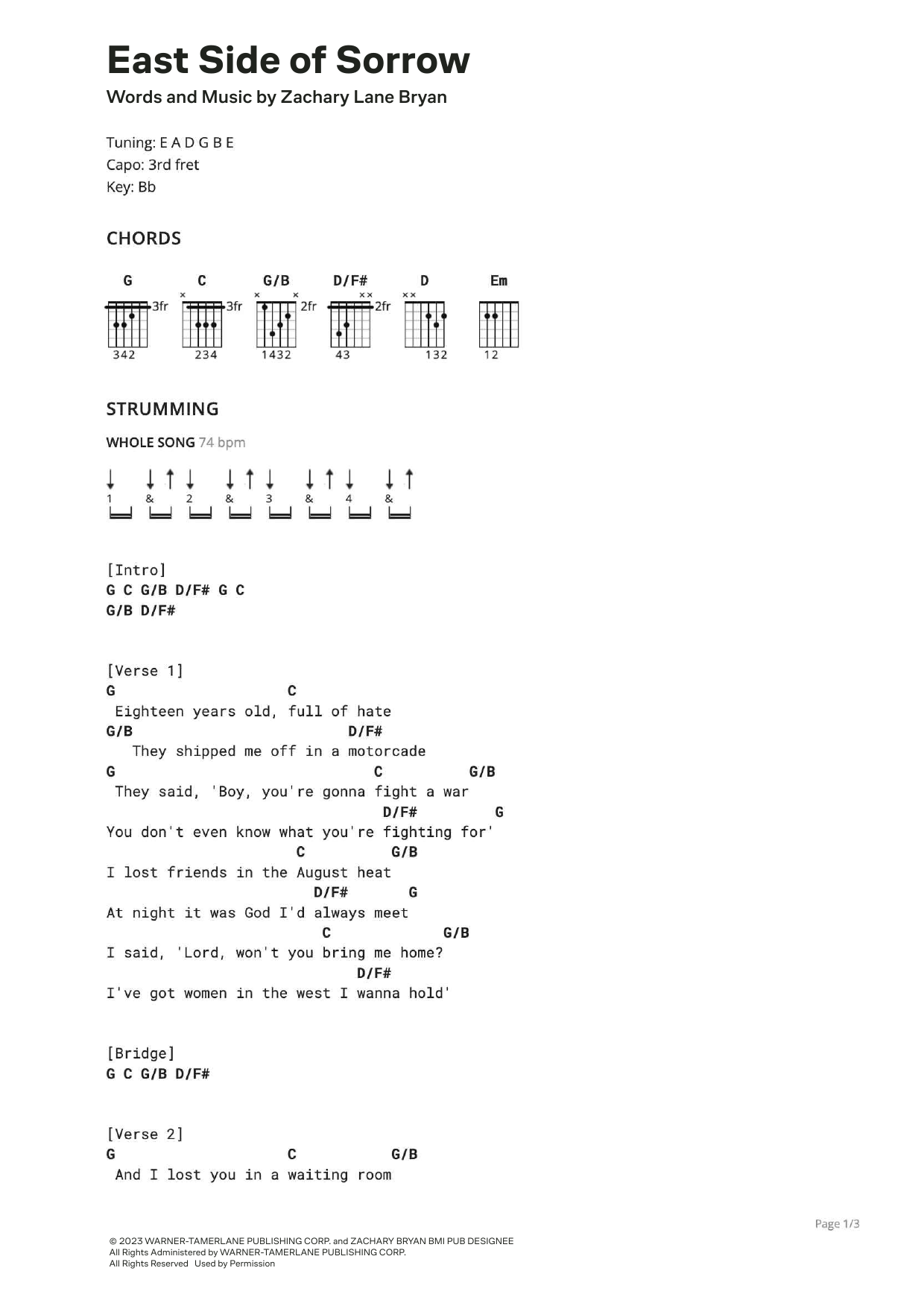 Download Zach Bryan East Side Of Sorrow Sheet Music and learn how to play Ultimate Guitar PDF digital score in minutes