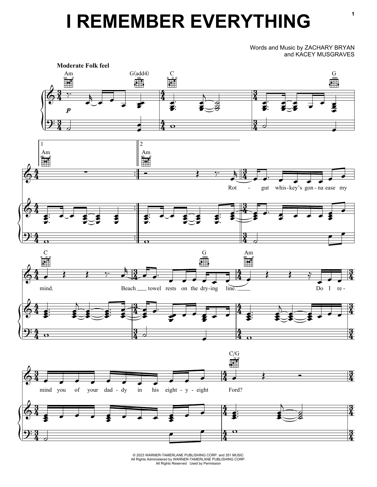 Download Zach Bryan feat. Kacey Musgraves I Remember Everything (feat. Kacey Musgraves) Sheet Music and learn how to play Piano, Vocal & Guitar Chords (Right-Hand Melody) PDF digital score in minutes