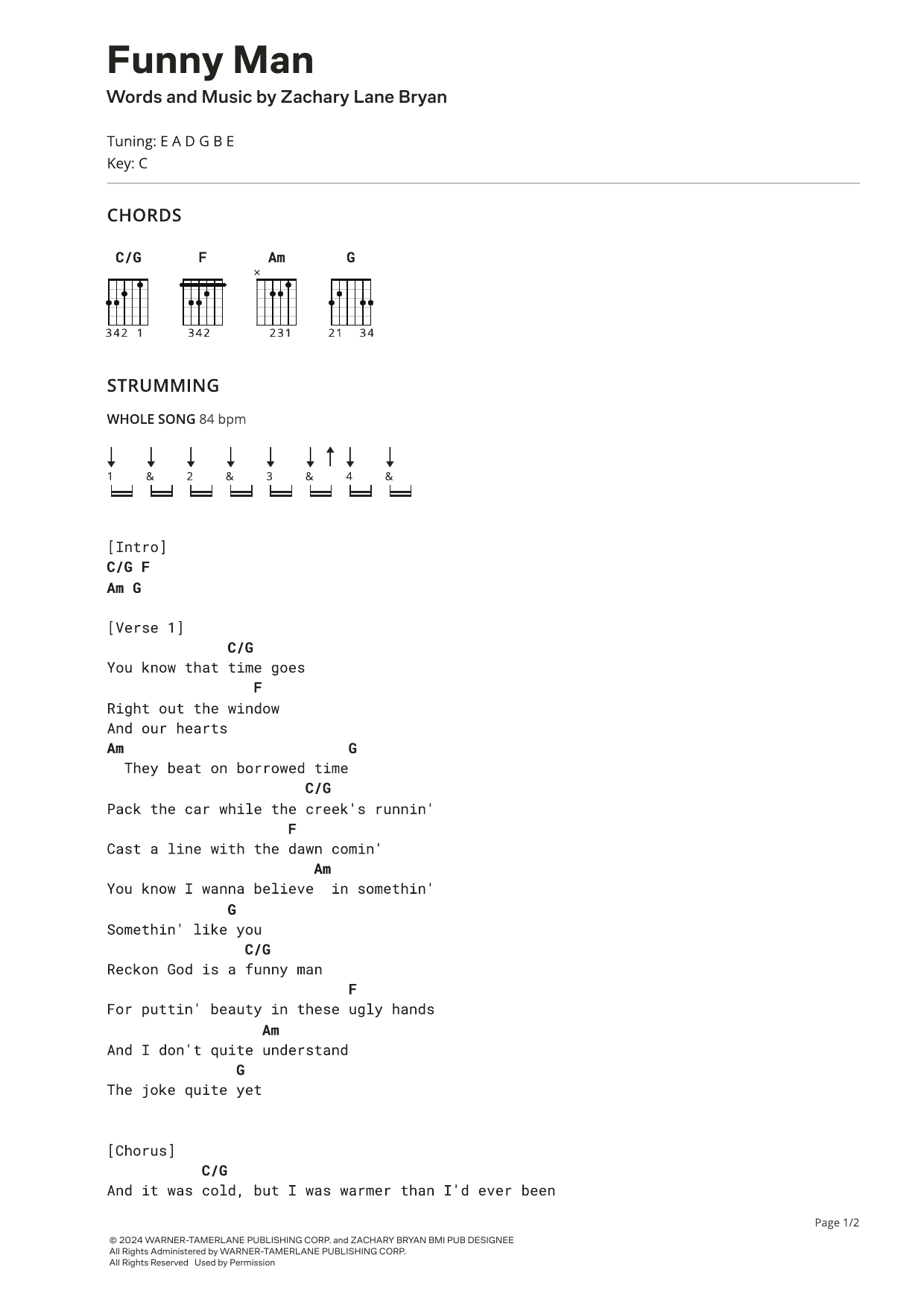 Download Zach Bryan Funny Man Sheet Music and learn how to play Ultimate Guitar PDF digital score in minutes