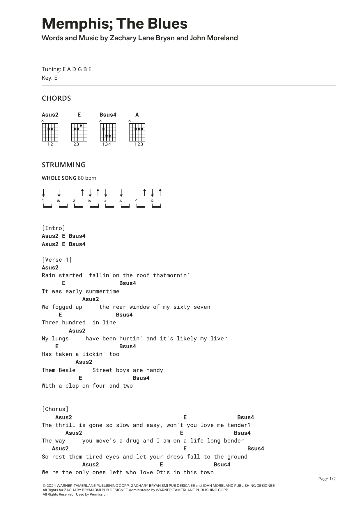 Download Zach Bryan Memphis; The Blues (feat. John Moreland) Sheet Music and learn how to play Ultimate Guitar PDF digital score in minutes