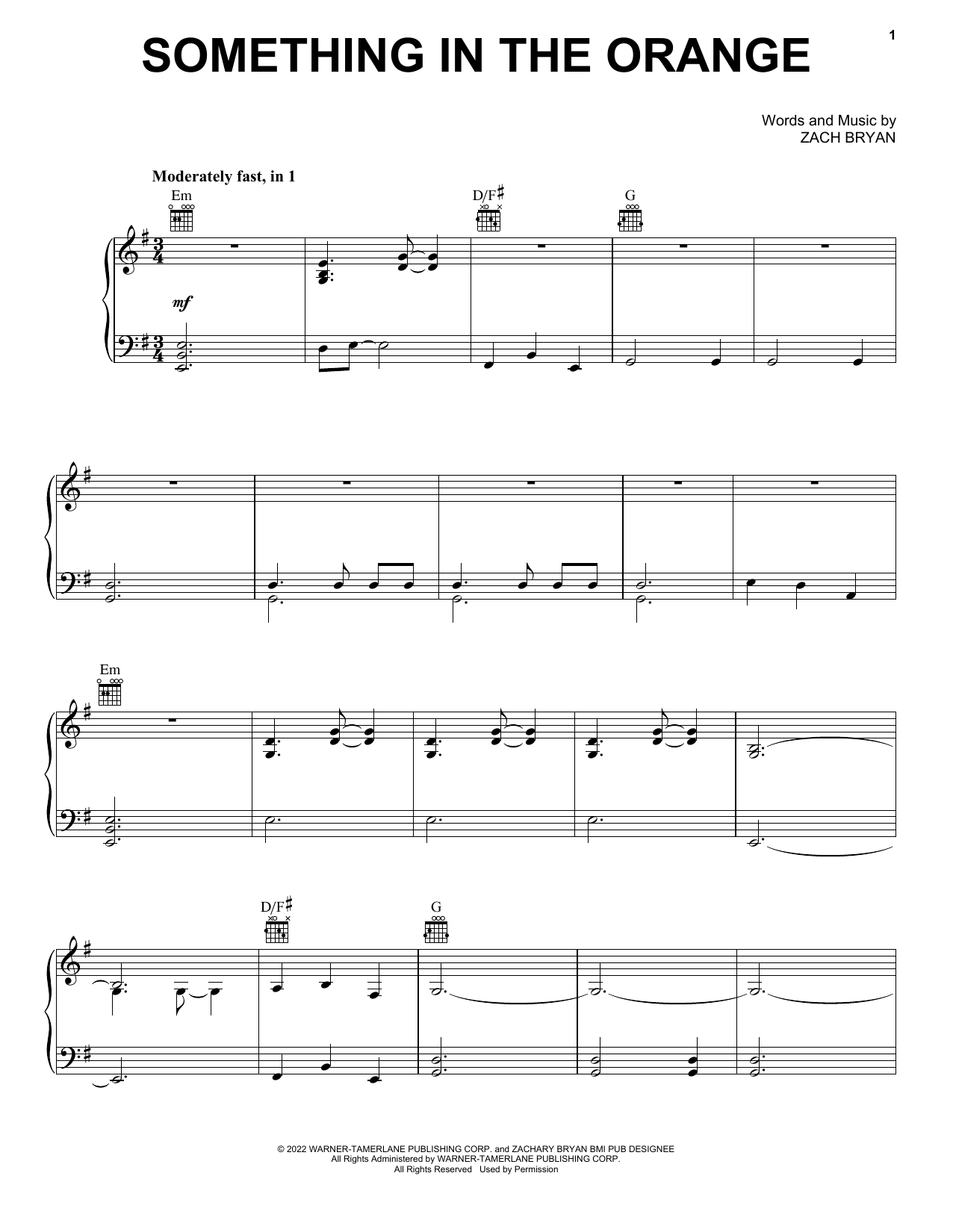 Download Zach Bryan Something In The Orange Sheet Music and learn how to play Piano, Vocal & Guitar Chords (Right-Hand Melody) PDF digital score in minutes