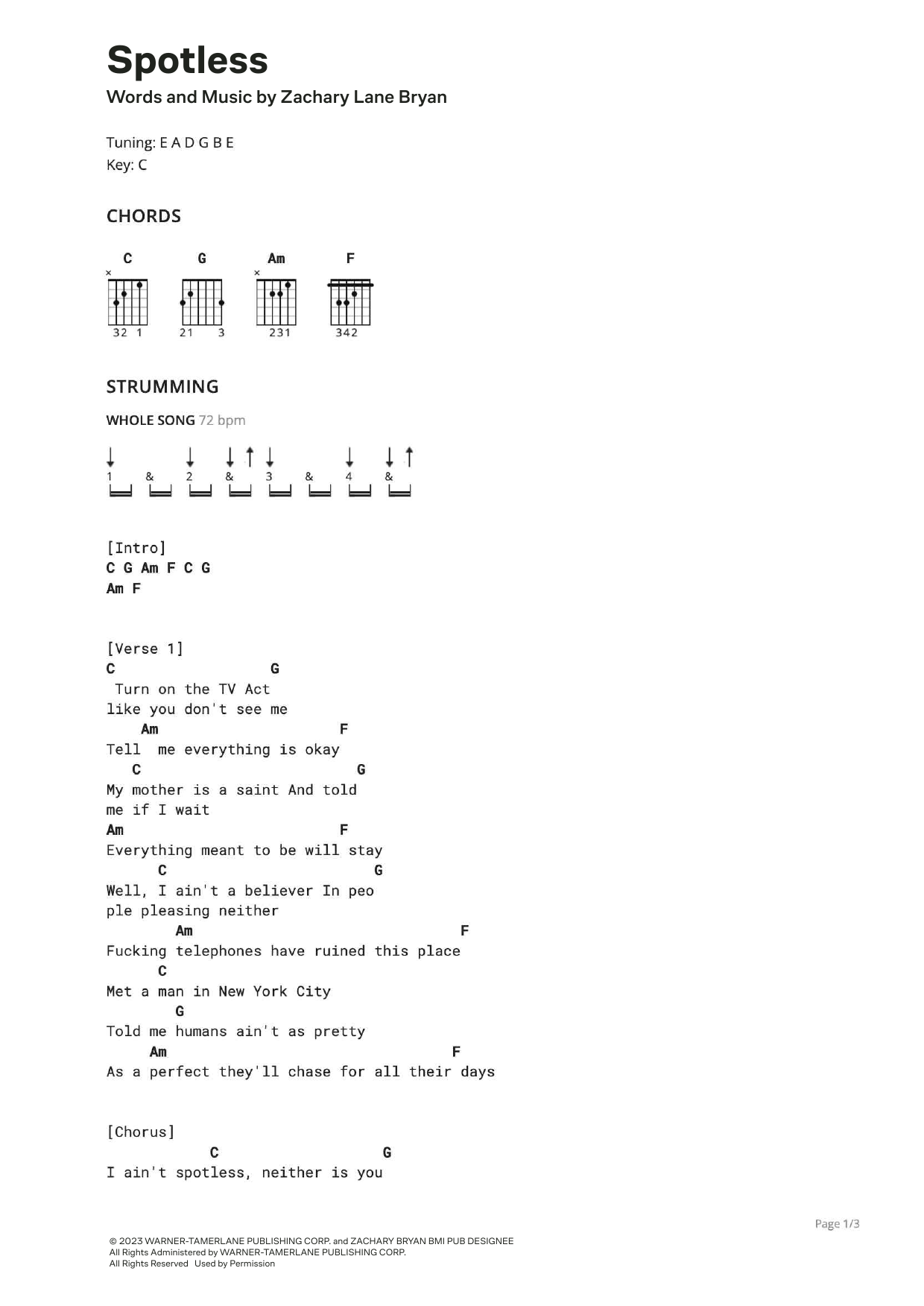 Download Zach Bryan Spotless (feat. The Lumineers) Sheet Music and learn how to play Ultimate Guitar PDF digital score in minutes