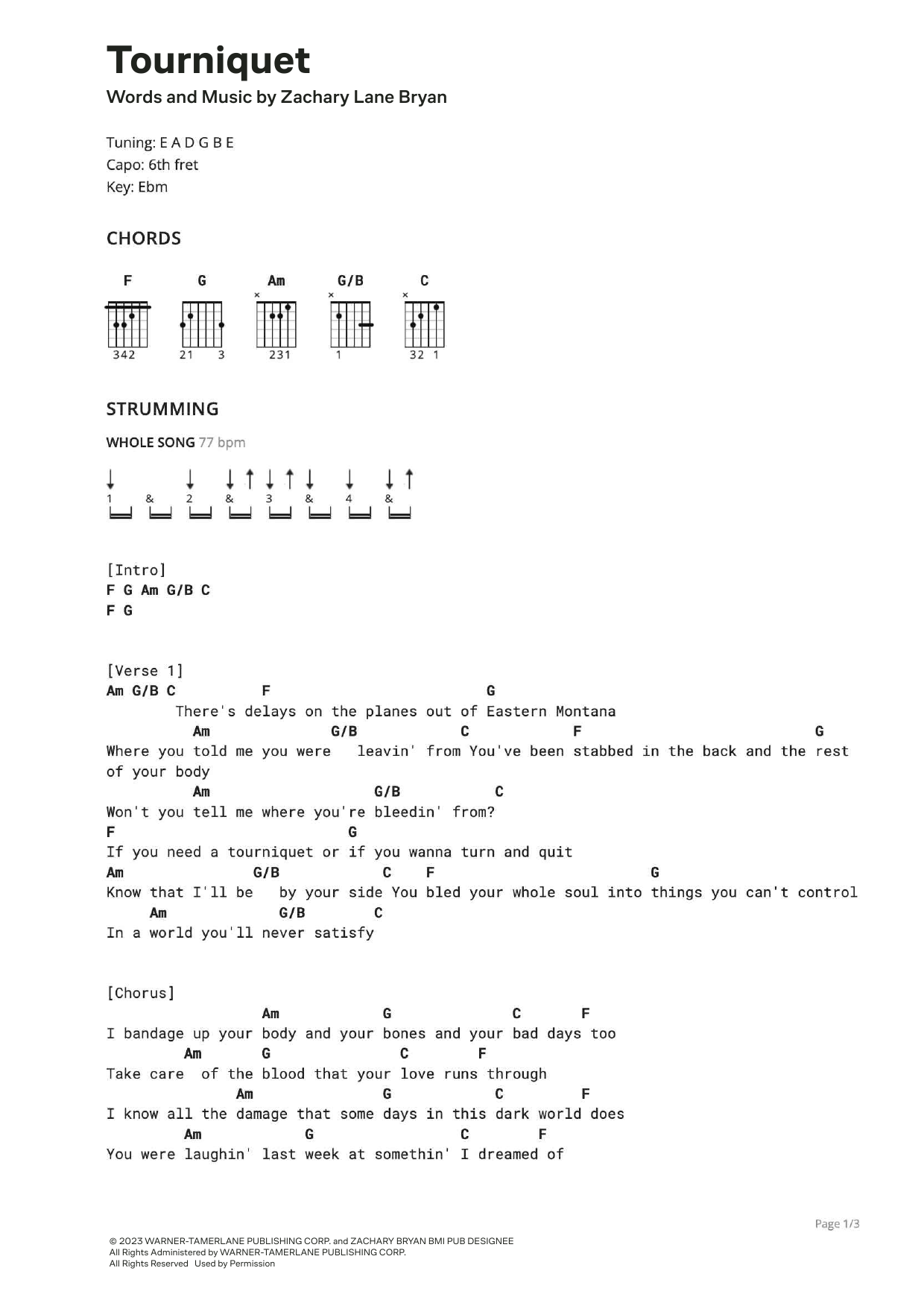 Download Zach Bryan Tourniquet Sheet Music and learn how to play Ultimate Guitar PDF digital score in minutes