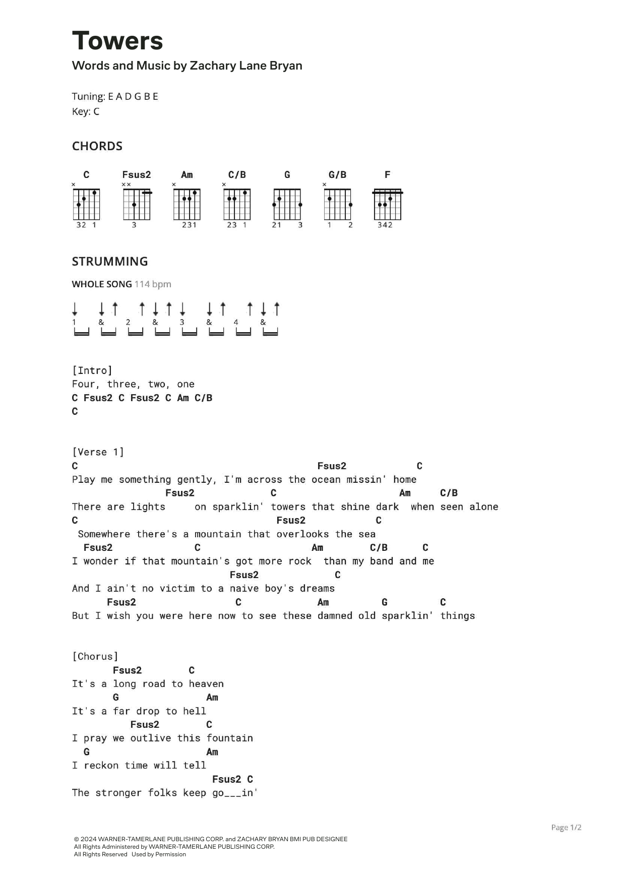 Download Zach Bryan Towers Sheet Music and learn how to play Ultimate Guitar PDF digital score in minutes