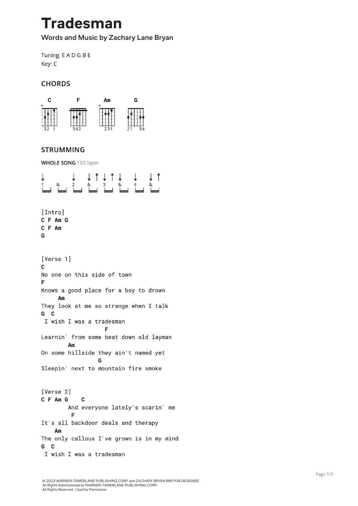 Download Zach Bryan Tradesman Sheet Music and learn how to play Ultimate Guitar PDF digital score in minutes