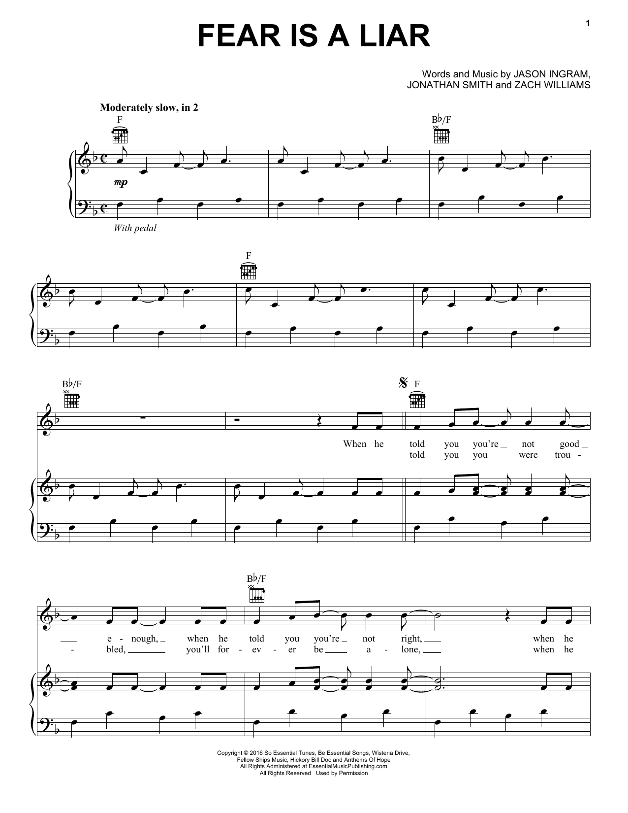 Download Zach Williams Fear Is A Liar Sheet Music and learn how to play Piano, Vocal & Guitar (Right-Hand Melody) PDF digital score in minutes