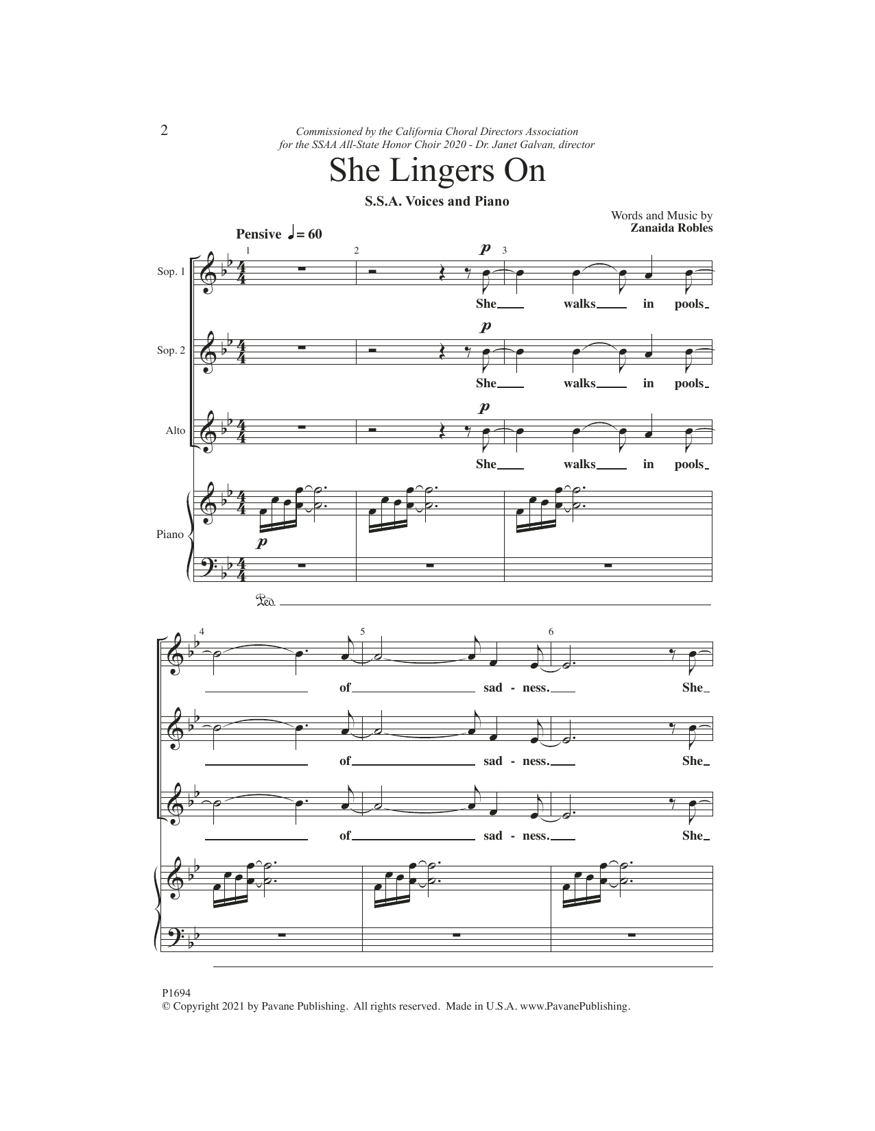 Download Zanaida Robles She Lingers On Sheet Music and learn how to play SSA Choir PDF digital score in minutes