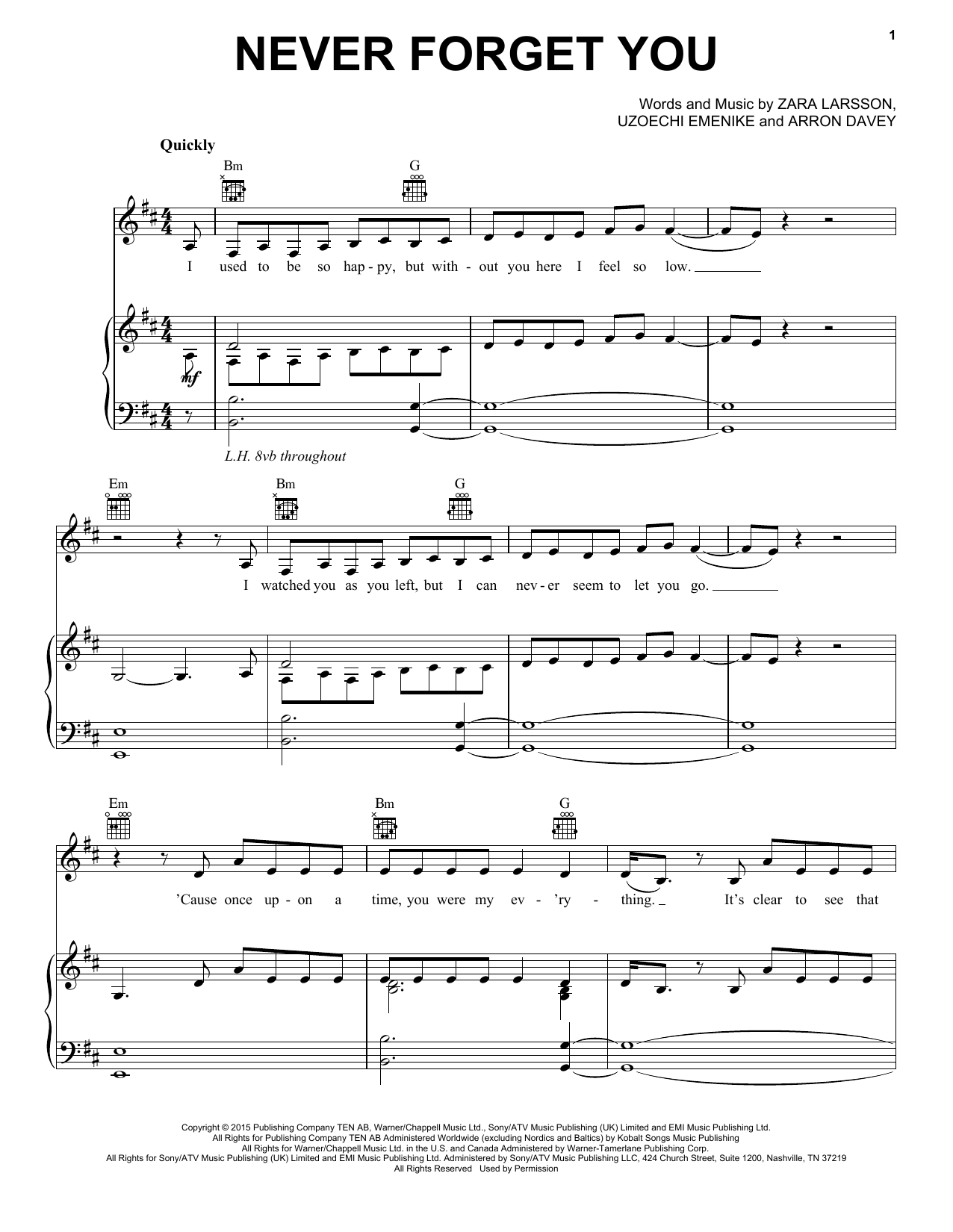Download Zara Larsson & MNEK Never Forget You Sheet Music and learn how to play Piano, Vocal & Guitar Chords (Right-Hand Melody) PDF digital score in minutes