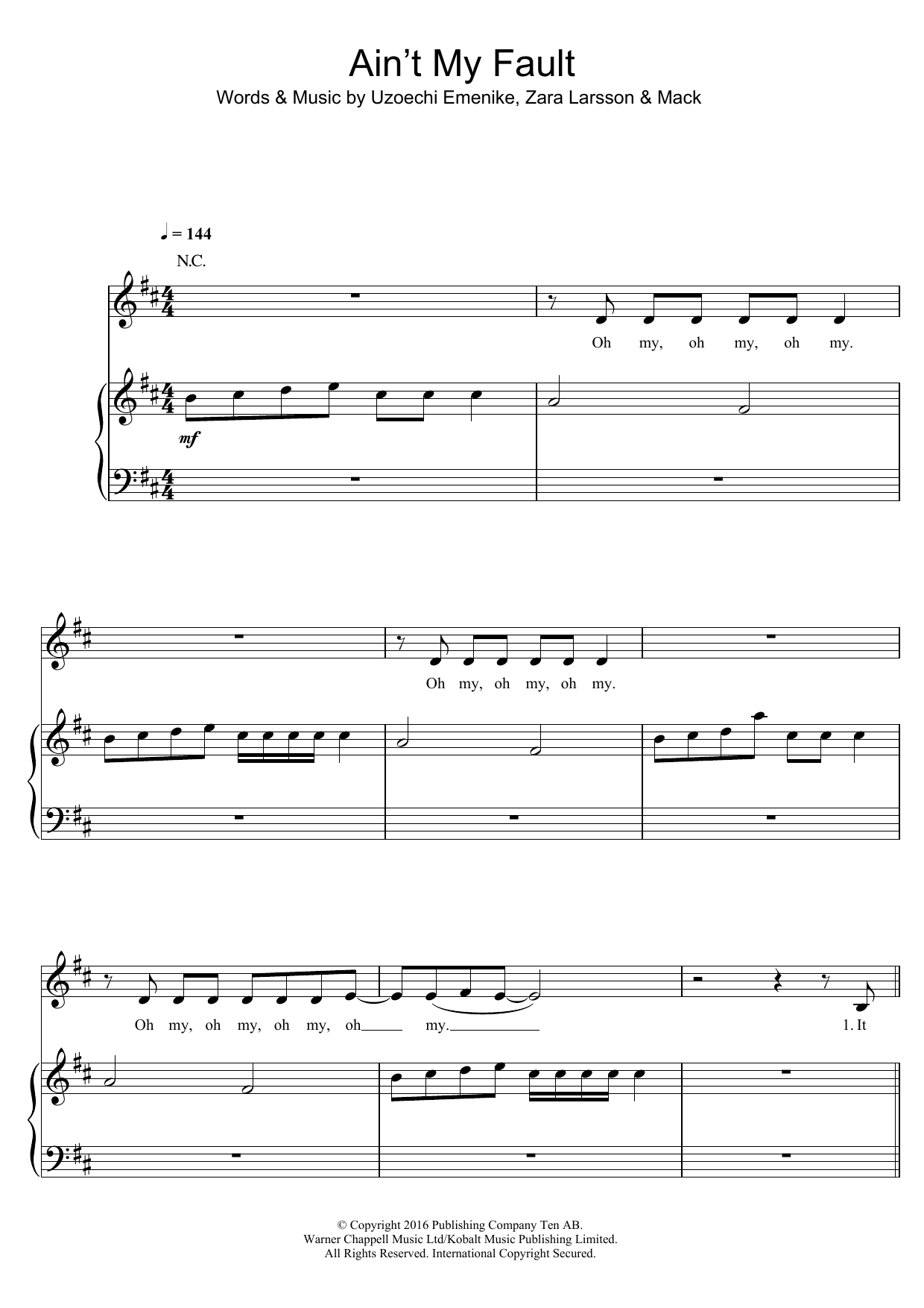 Download Zara Larsson Ain't My Fault Sheet Music and learn how to play Piano, Vocal & Guitar (Right-Hand Melody) PDF digital score in minutes
