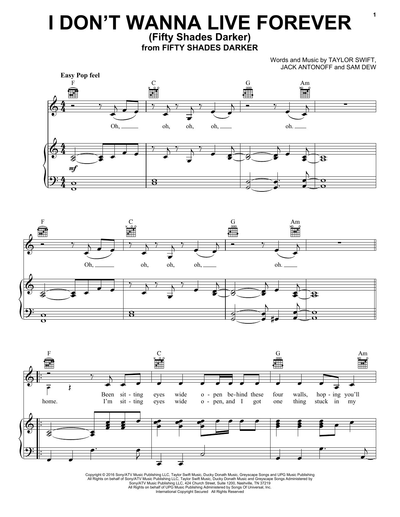 Download ZAYN and Taylor Swift I Don't Wanna Live Forever Sheet Music and learn how to play Piano, Vocal & Guitar (Right-Hand Melody) PDF digital score in minutes
