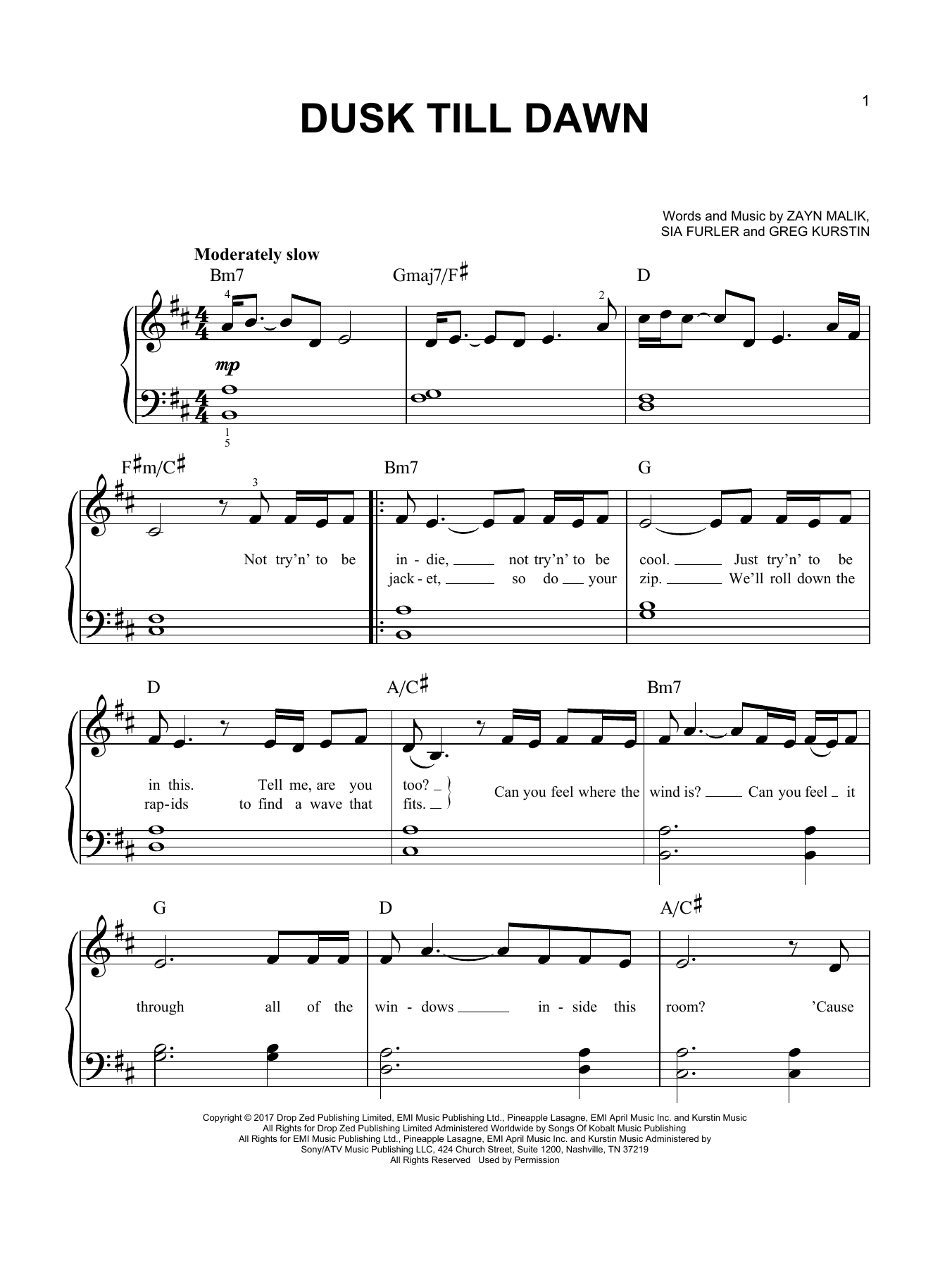 Download ZAYN Dusk Till Dawn (feat. Sia) Sheet Music and learn how to play Easy Piano PDF digital score in minutes