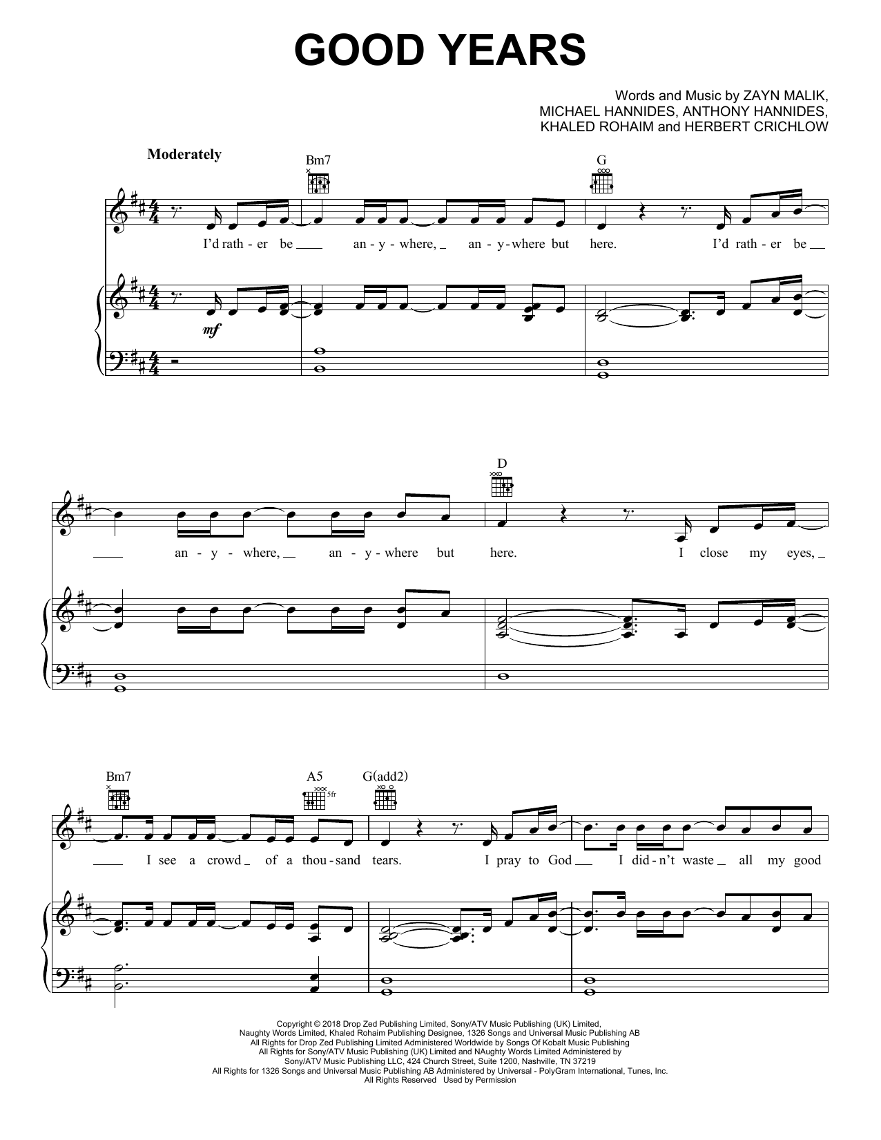 Download Zayn Good Years Sheet Music and learn how to play Piano, Vocal & Guitar Chords (Right-Hand Melody) PDF digital score in minutes