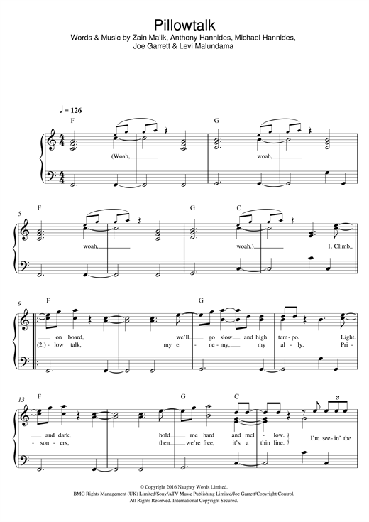 Download ZAYN Pillowtalk Sheet Music and learn how to play Easy Piano PDF digital score in minutes
