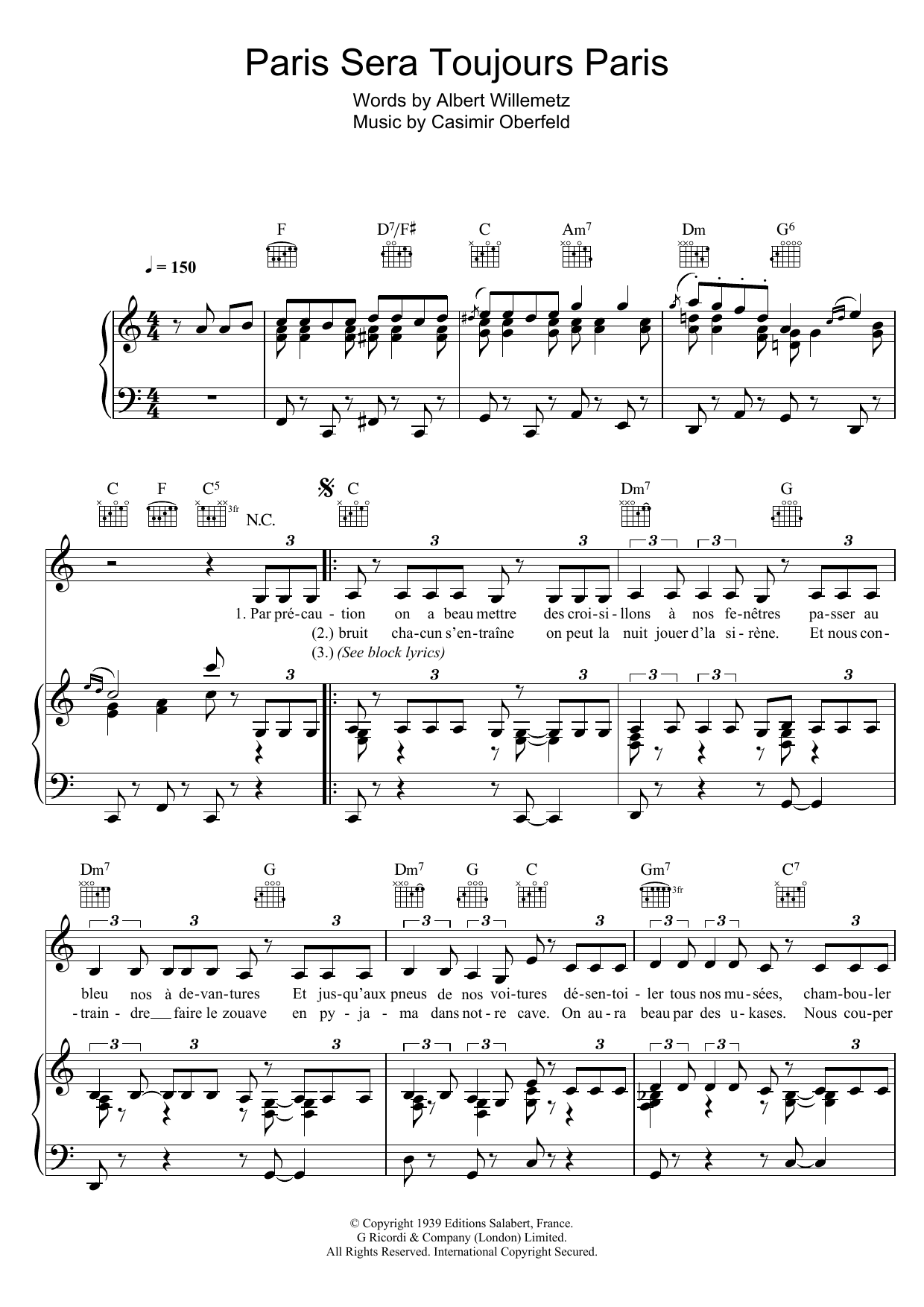 Download Zaz Paris sera toujours Paris Sheet Music and learn how to play Piano, Vocal & Guitar (Right-Hand Melody) PDF digital score in minutes