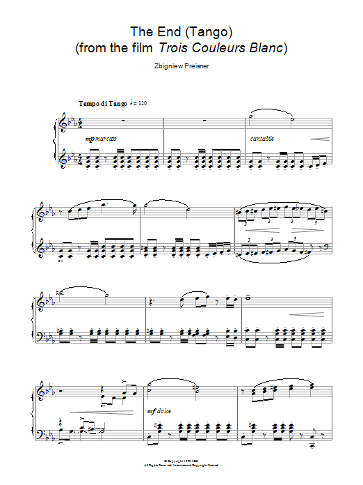 Download Zbigniew Preisner The End (Tango) (from the film Trois Couleurs Blanc) Sheet Music and learn how to play Piano PDF digital score in minutes