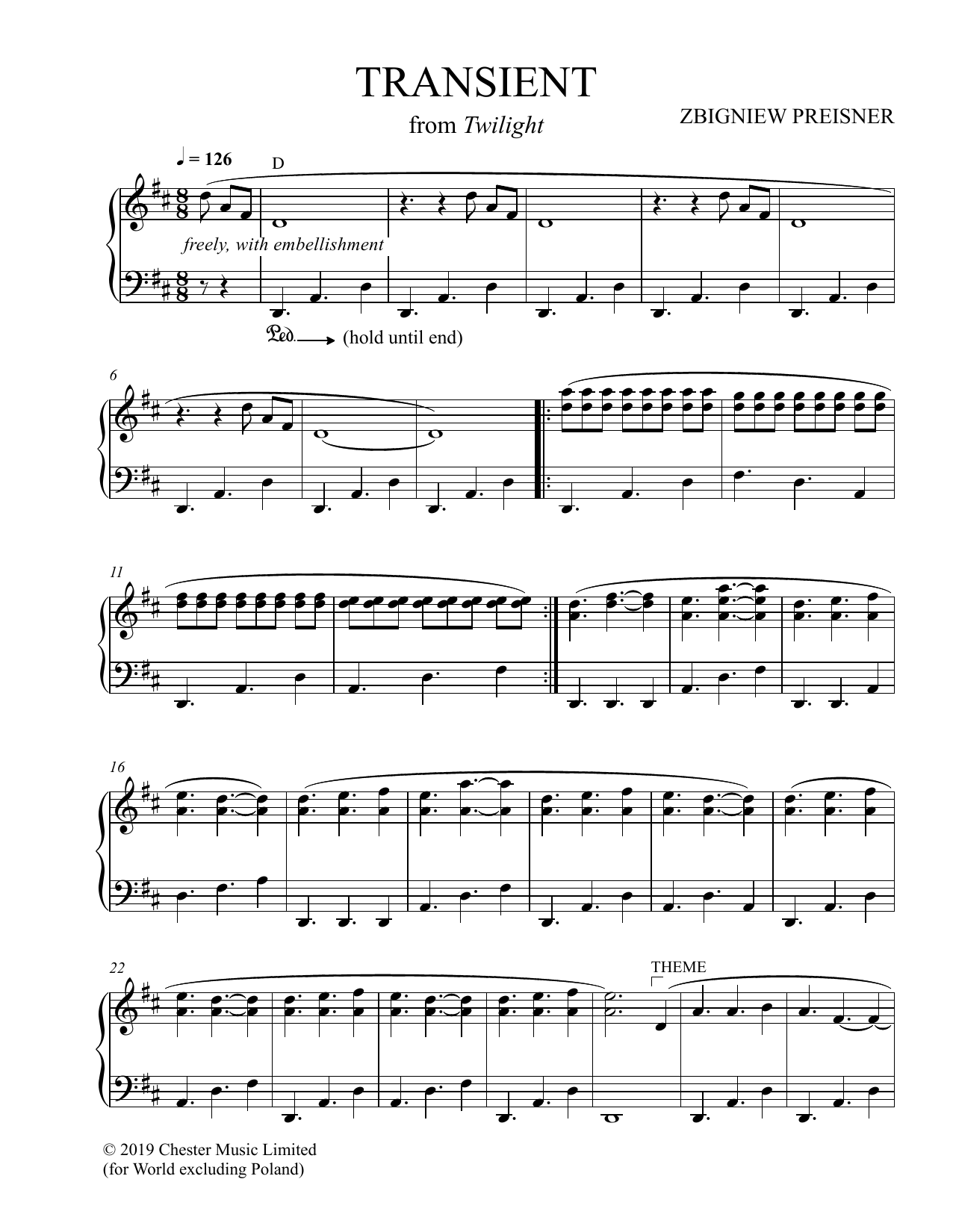 Download Zbigniew Preisner Transient Sheet Music and learn how to play Piano Solo PDF digital score in minutes