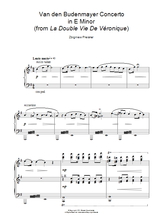 Download Zbigniew Preisner Van Den Budenmayer Concerto In E Minor (from the film La Double Vie De Veronique Sheet Music and learn how to play Piano PDF digital score in minutes