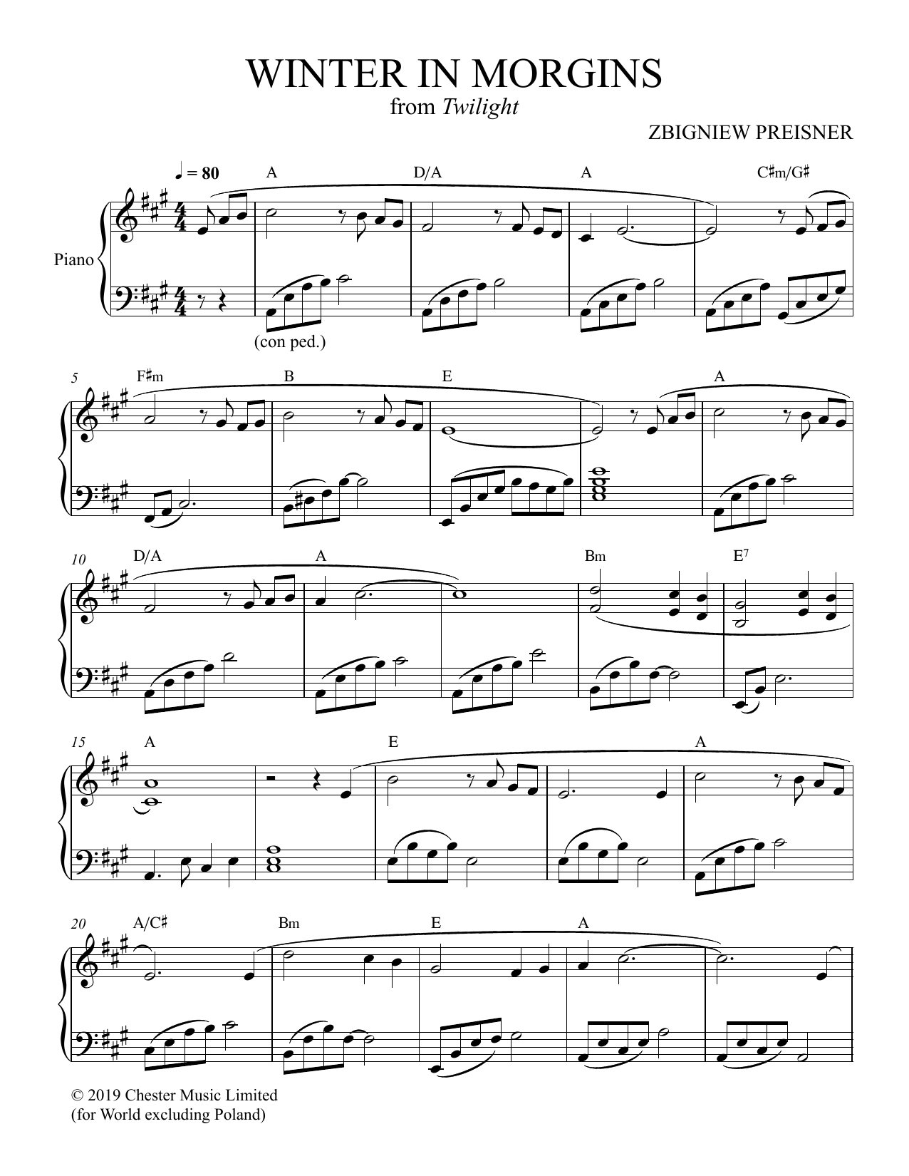 Download Zbigniew Preisner Winter In Morgins Sheet Music and learn how to play Piano Solo PDF digital score in minutes