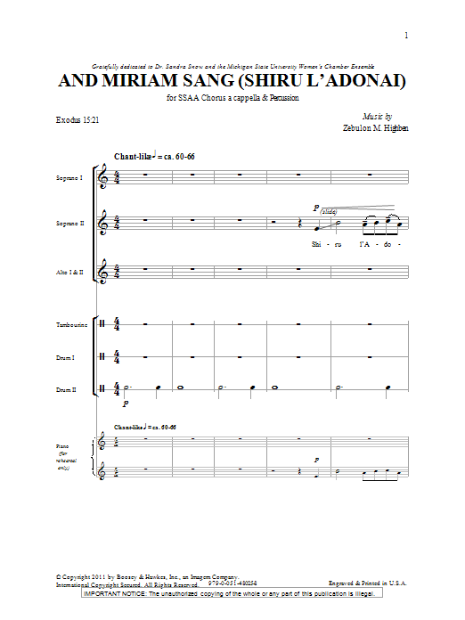 Download Zebulon M. Highben And Miriam Sang (Shiru L'Adonai) Sheet Music and learn how to play SSA PDF digital score in minutes