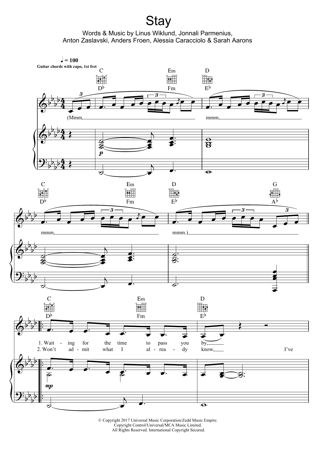 Download Zedd & Alessia Cara Stay Sheet Music and learn how to play Piano, Vocal & Guitar PDF digital score in minutes