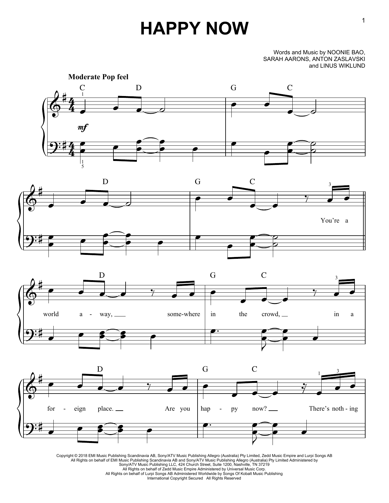 Download Zedd & Elley Duhé Happy Now (feat. Elley Duhé) Sheet Music and learn how to play Easy Piano PDF digital score in minutes