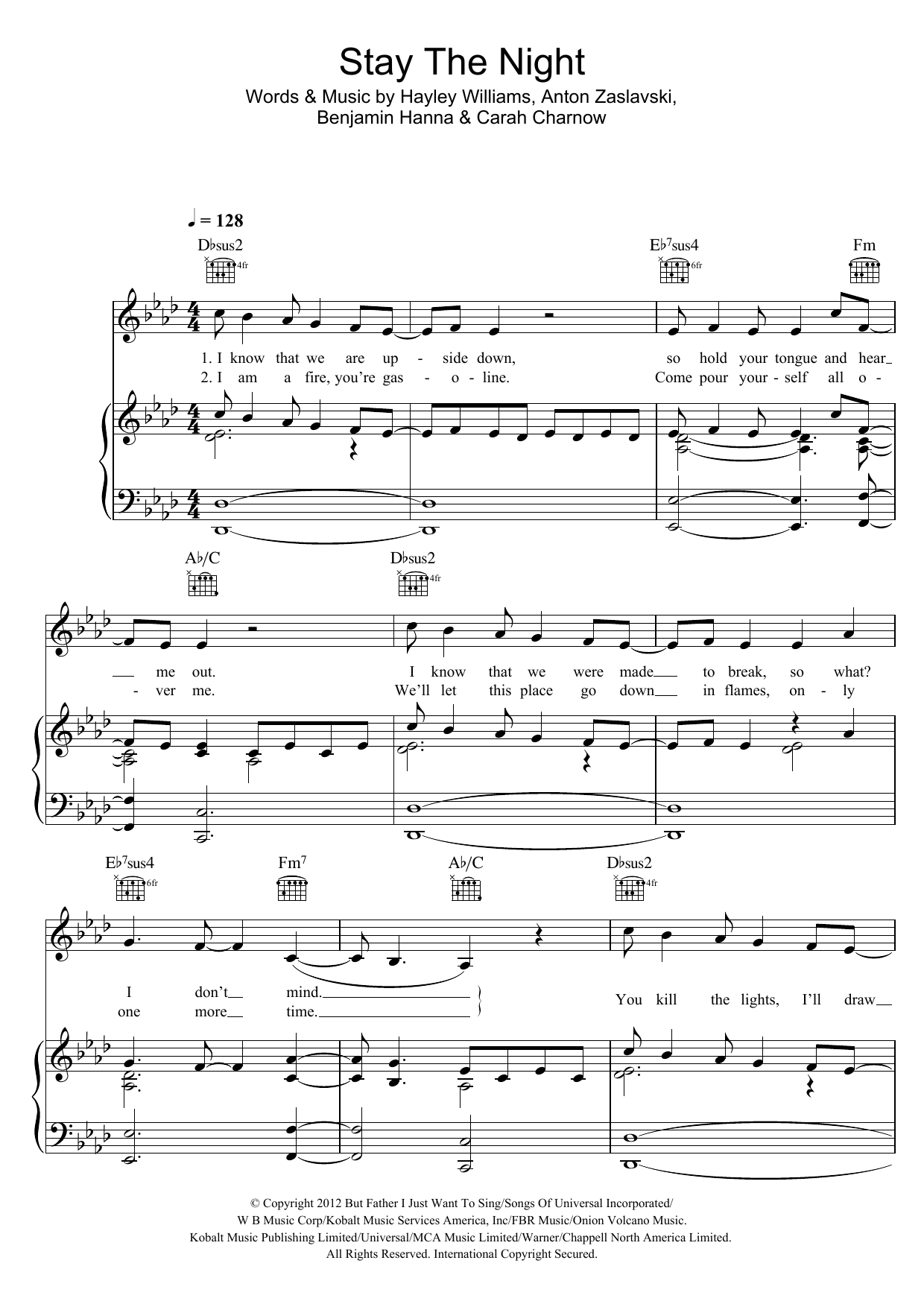Download Zedd Stay The Night (feat. Hayley Williams) Sheet Music and learn how to play Piano, Vocal & Guitar (Right-Hand Melody) PDF digital score in minutes