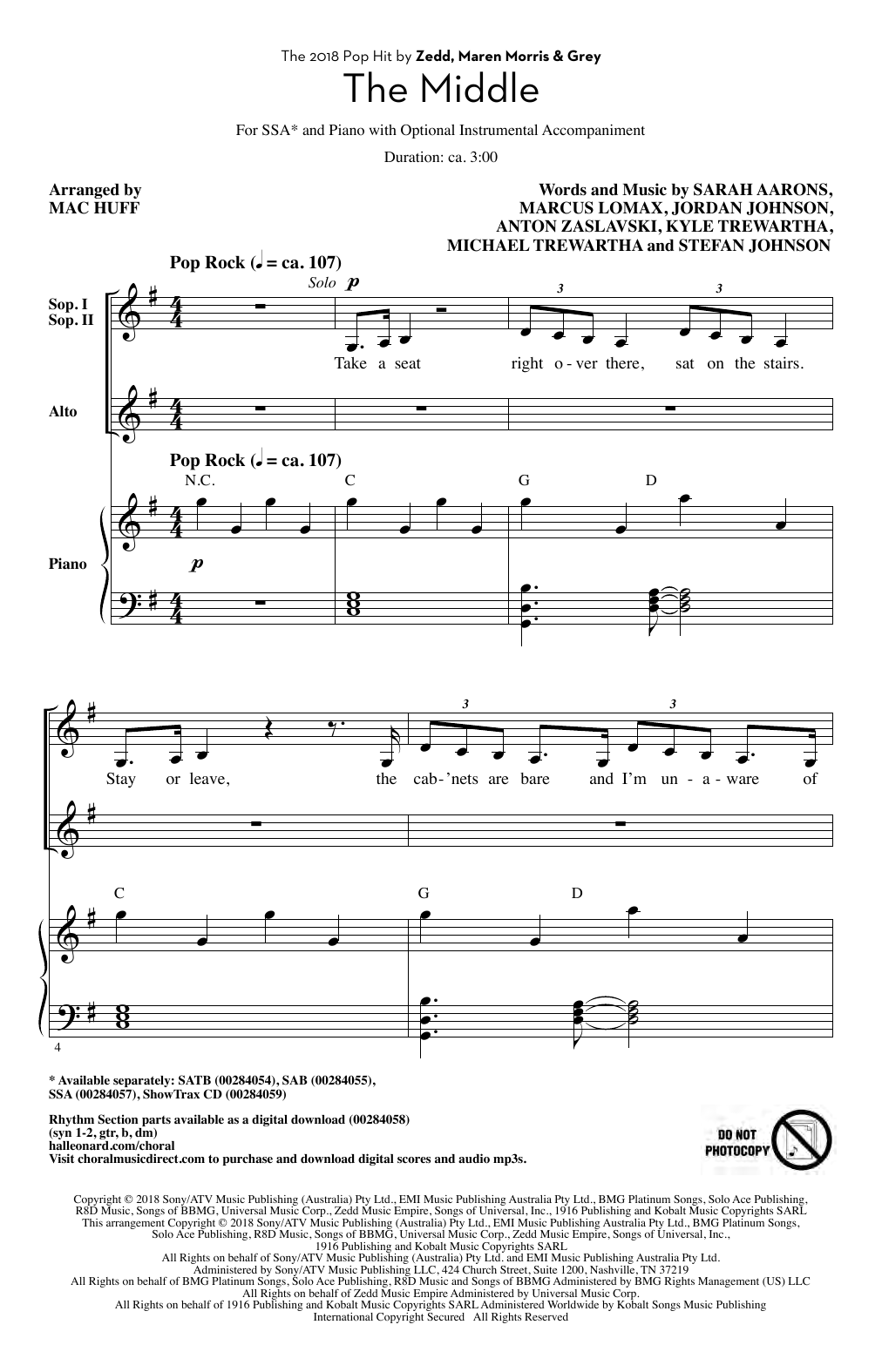Download Zedd, Maren Morris & Grey The Middle (arr. Mac Huff) Sheet Music and learn how to play SATB Choir PDF digital score in minutes