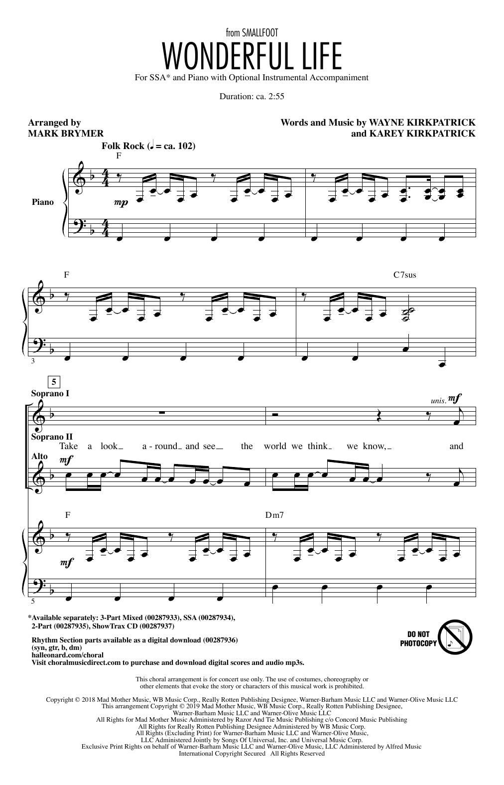 Download Zendaya Wonderful Life (from Smallfoot) (arr. Mark Brymer) Sheet Music and learn how to play SSA Choir PDF digital score in minutes