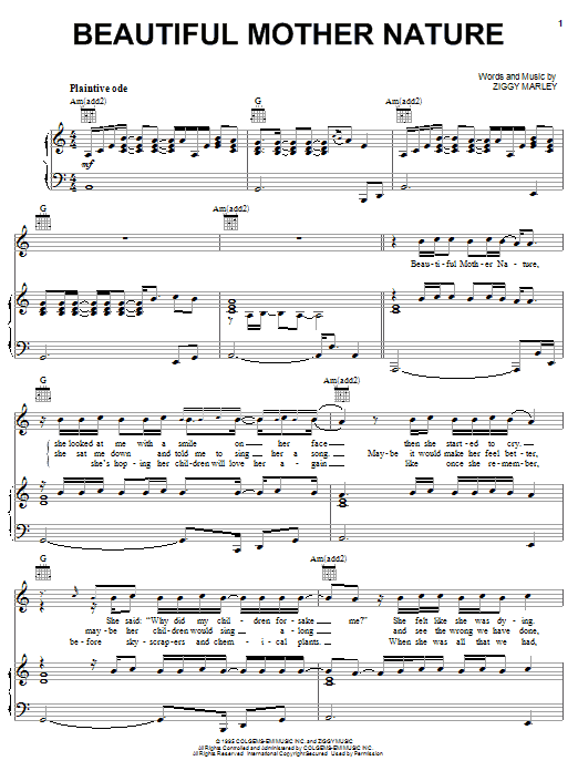 Download Ziggy Marley Beautiful Mother Nature Sheet Music and learn how to play Piano, Vocal & Guitar (Right-Hand Melody) PDF digital score in minutes