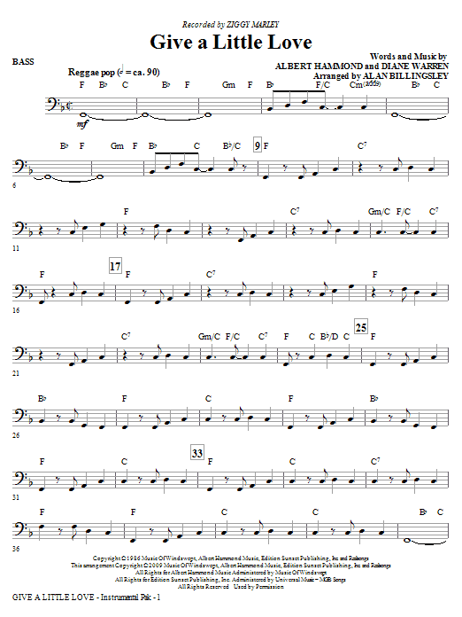 Download Ziggy Marley Give A Little Love (arr. Alan Billingsley) - Bass Sheet Music and learn how to play Choir Instrumental Pak PDF digital score in minutes