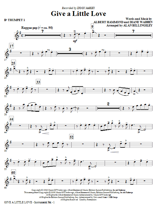 Download Ziggy Marley Give A Little Love (arr. Alan Billingsley) - Bb Trumpet 1 Sheet Music and learn how to play Choir Instrumental Pak PDF digital score in minutes