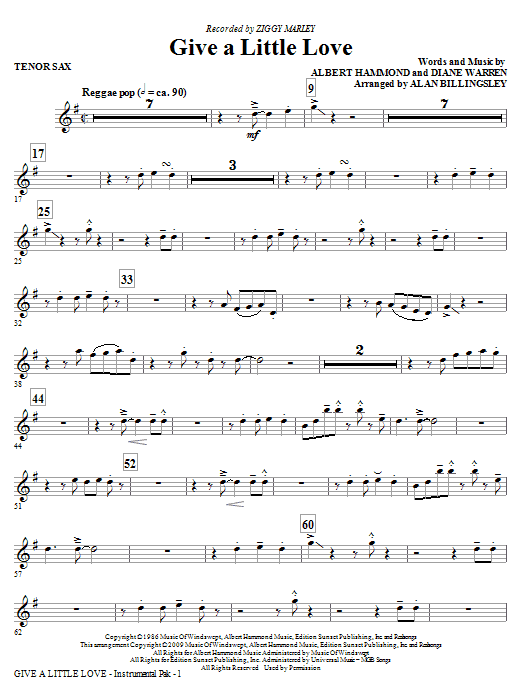Download Ziggy Marley Give A Little Love (arr. Alan Billingsley) - Tenor Sax Sheet Music and learn how to play Choir Instrumental Pak PDF digital score in minutes