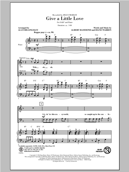Download Ziggy Marley Give A Little Love (arr. Alan Billingsley) Sheet Music and learn how to play SATB PDF digital score in minutes