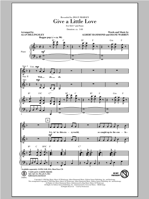 Download Ziggy Marley Give A Little Love (arr. Alan Billingsley) Sheet Music and learn how to play SSA PDF digital score in minutes