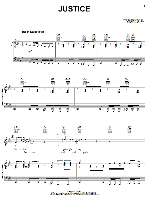 Download Ziggy Marley Justice Sheet Music and learn how to play Piano, Vocal & Guitar (Right-Hand Melody) PDF digital score in minutes