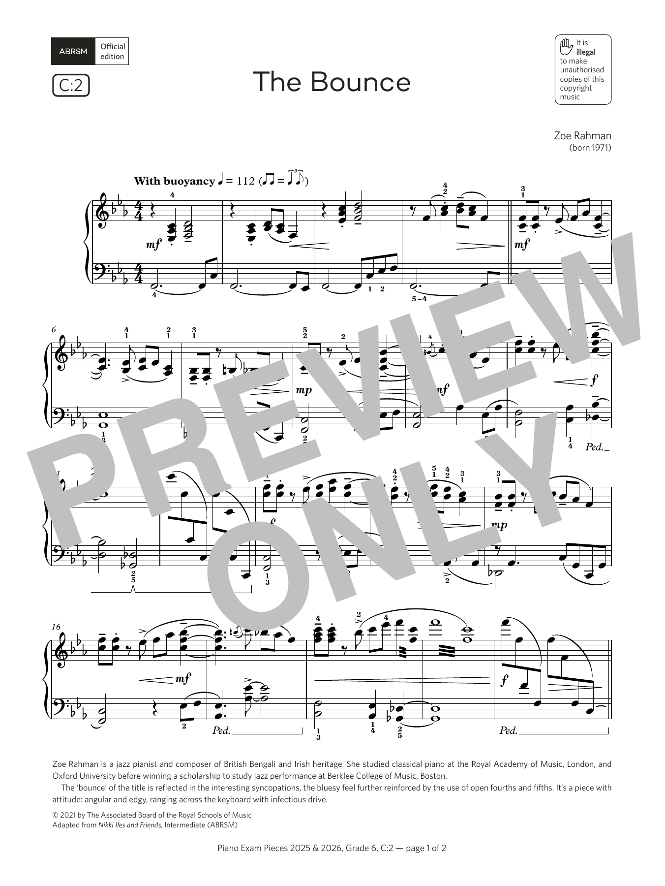 Download Zoe Rahman The Bounce (Grade 6, list C2, from the ABRSM Piano Syllabus 2025 & 2026) Sheet Music and learn how to play Piano Solo PDF digital score in minutes