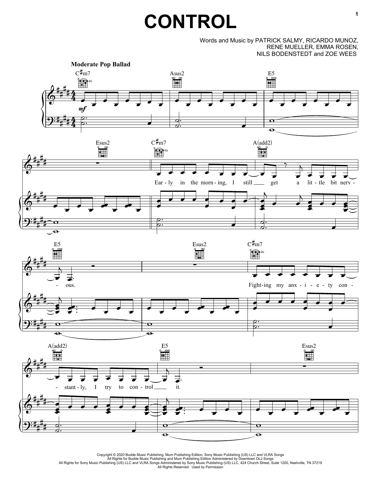 Download Zoe Wees Control Sheet Music and learn how to play Piano, Vocal & Guitar Chords (Right-Hand Melody) PDF digital score in minutes