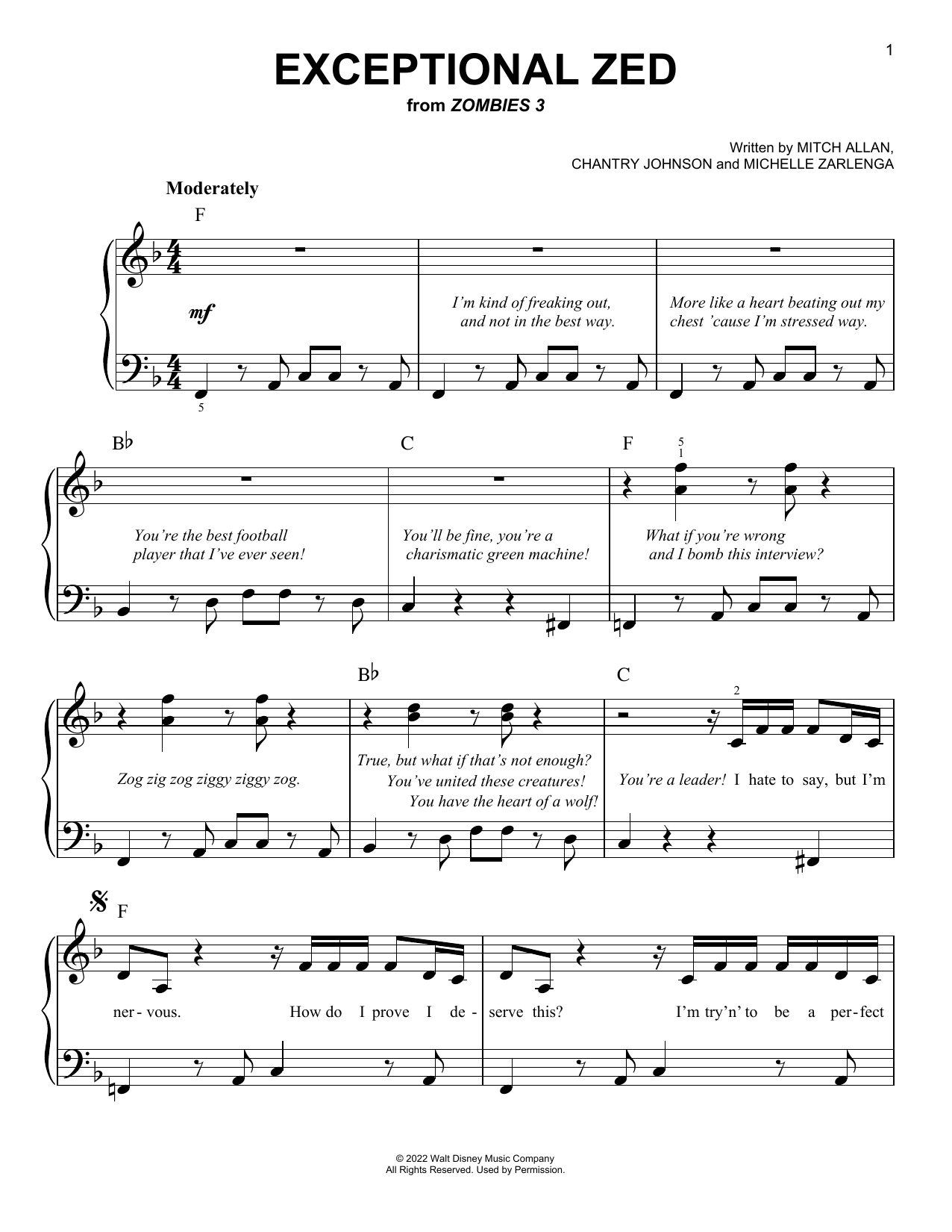 Download Zombies Cast Exceptional Zed (from Disney's Zombies 3) Sheet Music and learn how to play Easy Piano PDF digital score in minutes