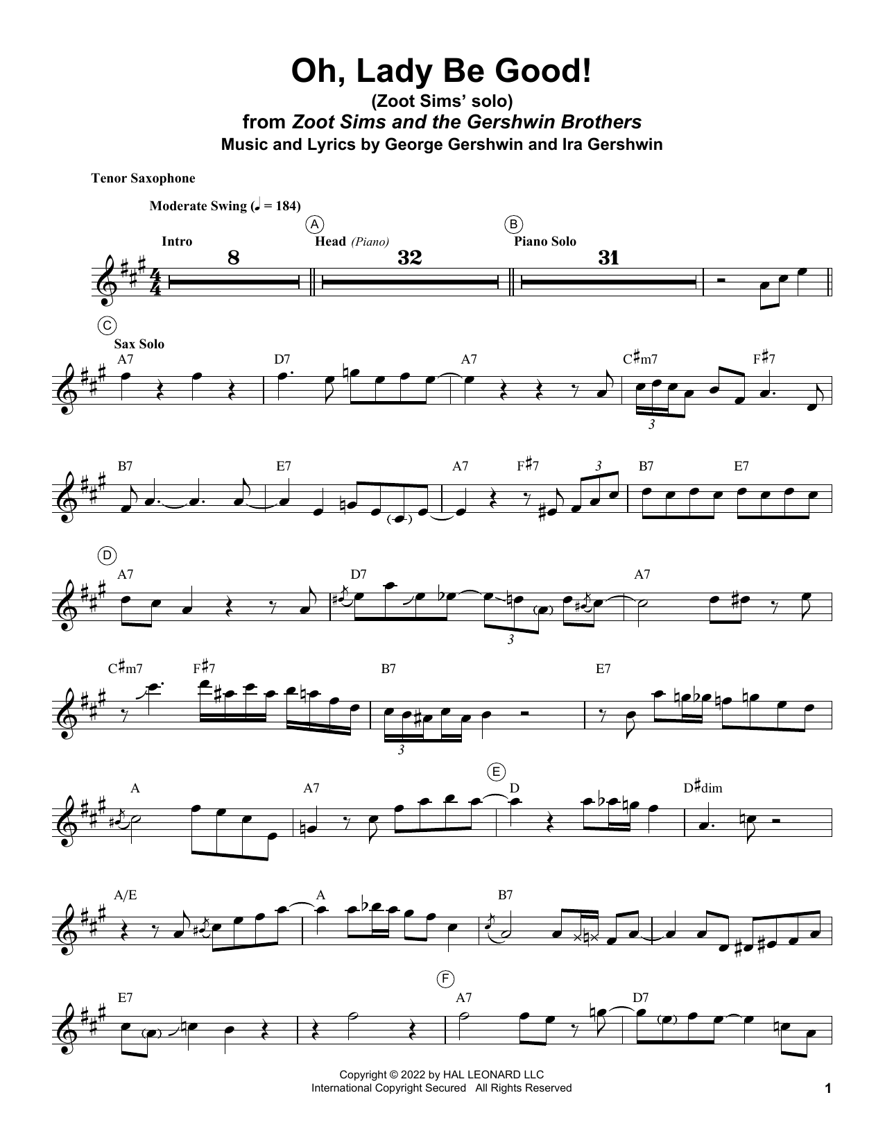 Download Zoot Sims Oh, Lady Be Good! Sheet Music and learn how to play Tenor Sax Transcription PDF digital score in minutes
