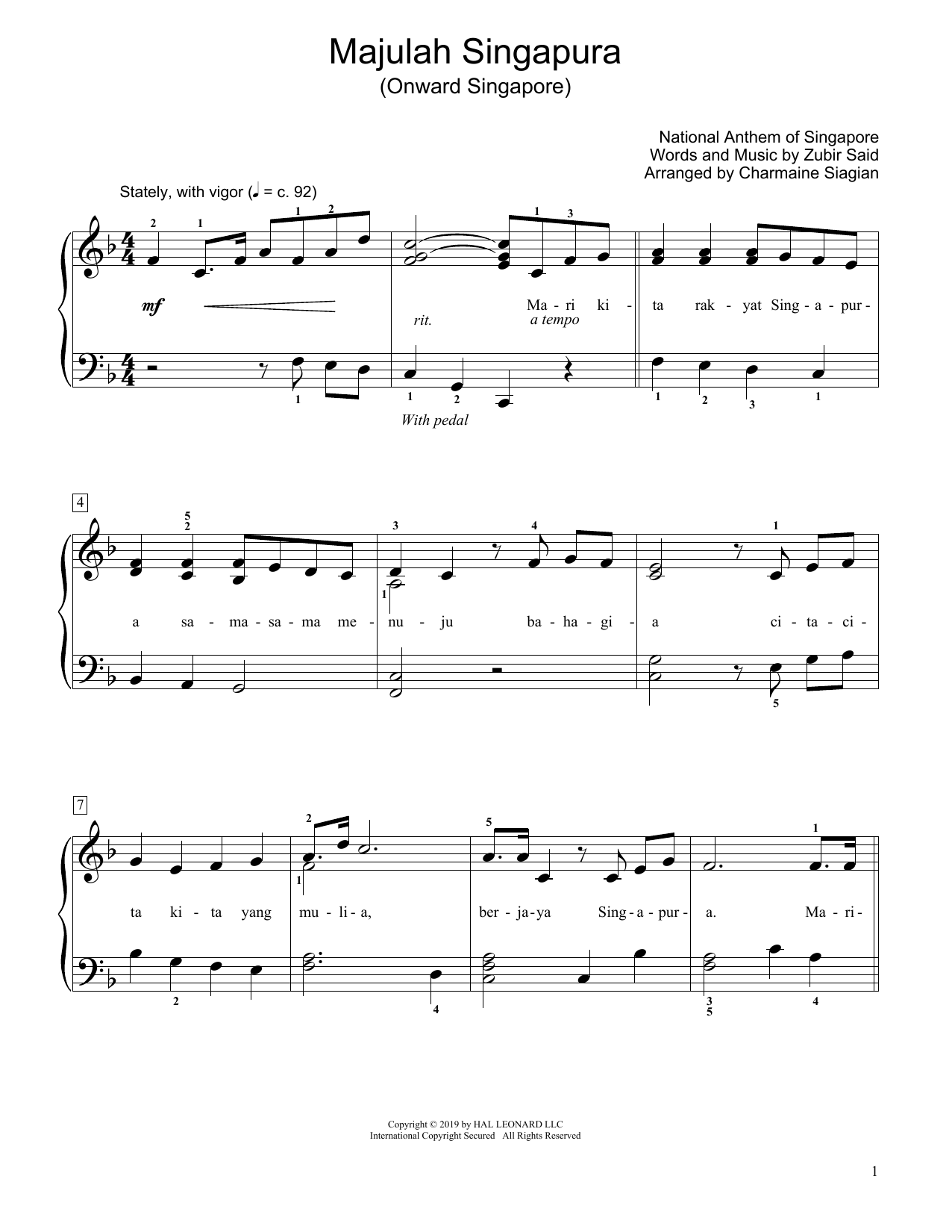 Download Zubir Said Onward Singapore (Majulah Singapura) (arr. Charmaine Siagian) Sheet Music and learn how to play Educational Piano PDF digital score in minutes