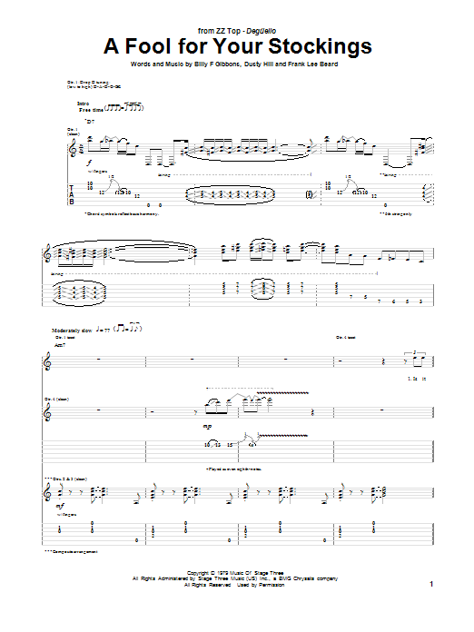 Download ZZ Top A Fool For Your Stockings Sheet Music and learn how to play Guitar Tab PDF digital score in minutes