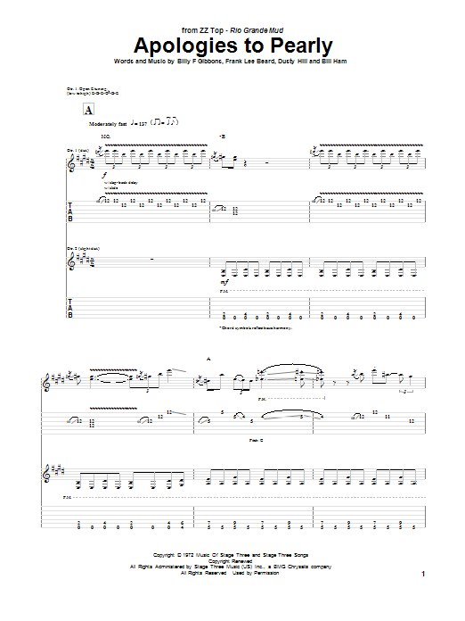Download ZZ Top Apologies To Pearly Sheet Music and learn how to play Guitar Tab PDF digital score in minutes